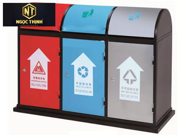 THÙNG RÁC INOX CÔNG NGHIỆP 3 NGĂN PHÂN LOẠI RÁC AN TOÀN TIỆN LỢI